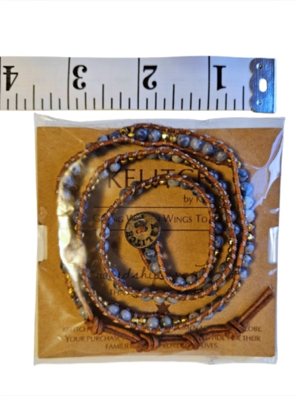 KELITCH Handcrafted Brown Wrap Bracelet with Blue Beads